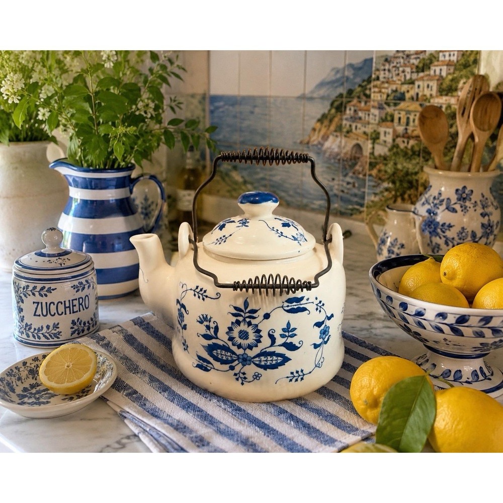 Vintage Tea Pot Kettle Blue Onion Pattern with Wire Metal Handle Marked Japan